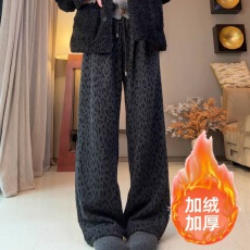 批发美式复古加绒加厚豹纹阔腿裤<b class='q'>女</b>秋冬新款高腰直筒裤宽松休闲毛巾裤