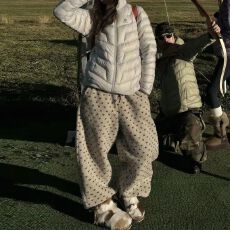 批发原版面料保暖加厚秋冬款复古慵懒风韩系抽绳波点颗粒绒过冬休闲裤