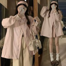 批发设计感小众复古英伦风蕾丝拼接设计感长袖风衣外套女宽松显瘦上衣