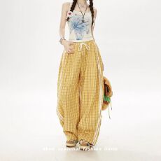 批发美式复古<b class='q'>格子</b><b class='q'>裤</b>宽松松紧腰运动休闲<b class='q'>裤</b>女夏季薄款高级感阔腿<b class='q'>裤</b><b class='q'>潮牌</b>