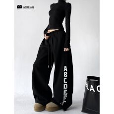 批发2025年秋冬<b class='q'>新款</b>休闲运动风高腰抽绳卫<b class='q'>裤</b>女宽松显瘦字母印花阔腿<b class='q'>裤</b>