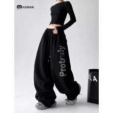 批发美式复古字母印花休闲<b class='q'>裤</b>女2026春季<b class='q'>新款</b>高腰显瘦直筒阔腿拖地长<b class='q'>裤</b>