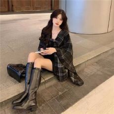 批发小香风黑色中长款格子毛呢<b class='q'>外套</b><b class='q'>女</b>秋冬宽松百搭小个子斗篷披肩<b class='q'>大</b>衣