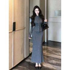 批发【两件套】御姐风灰色飘带长袖修身T恤<b class='q'>女</b>冬季时尚套装半身裙包臀