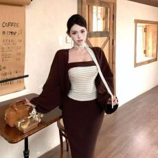 批发【四件套】撞色条纹吊带背心慵懒开衫外套女秋冬高级感套装