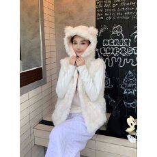 批发【加厚加棉】可爱小熊仿羊羔毛连帽马甲女冬毛绒<b class='q'>外套</b>