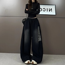 批发美式街头舞蹈宽松大板型春秋款阔腿抽绳两穿运动裤女