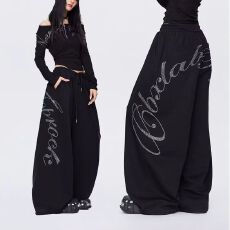 批发【华棉复合】美式<b class='q'>嘻哈</b>风重磅烫钻黑色<b class='q'>阔腿裤</b>女街舞个性宽松休闲<b class='q'>裤</b>