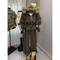 批发纯棉华棉复超柔加绒设计感裙摆收腰连帽毛毛领外套阔腿裤套装