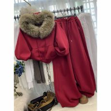 批发氛围感毛领连帽插肩袖套头卫衣高腰显瘦抽绳阔腿裤休闲加绒两件套