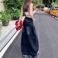 批发潮牌美式复古廓形弯刀<b class='q'>牛仔裤</b>男女新款高街宽松阔腿百搭<b class='q'>九分</b>裤