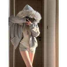 批发纯棉华棉复合奥粒绒 毛领可拆卸大毛领加绒外套宽松慵懒<b class='q'>短裤</b>套装