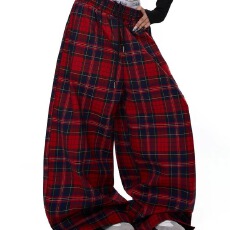 批发2026春秋夏高腰直筒格子休闲裤女松紧腰显瘦阔腿拖地长裤