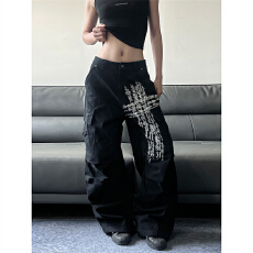 批发高街字母多口袋黑色工<b class='q'>装</b>裤男女款美式痞帅宽松直筒休闲长裤子潮牌