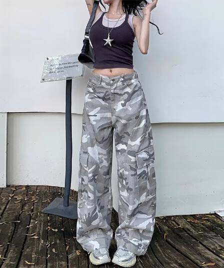 아메리칸 레트로 높음 거리 회색 카모플라주 바지 워크웨어 팬츠 남녀 조수 브랜드 루즈핏 다용도 스트레이트 넓은 다리 모통이 칼 바지