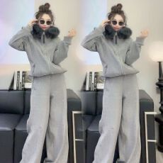 批发纯棉华棉复超柔<b class='q'>欧洲站</b>秋季新款韩版宽松毛领拉链外套长裤<b class='q'>套装</b>