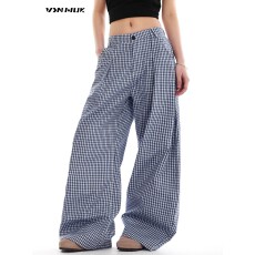 批发褶皱蓝色<b class='q'>格子</b>裤休闲裤女春季美式松弛感宽松阔腿运动长裤子