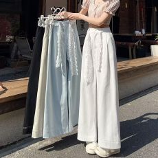 蕾丝系带洗水棉阔腿裤女春秋夏季宽松显瘦休闲裤多巴胺直筒九分裤