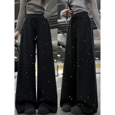 批发烫钻闪闪裤女<b class='q'>冬</b>2026新款高腰宽松直筒阔腿裤加绒亮片黑灰色弯刀裤