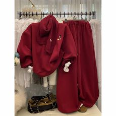 批发<b class='q'>休闲</b>慵懒风圆领刺绣卫衣套装女高腰显瘦阔腿裤加绒两件套配围巾潮