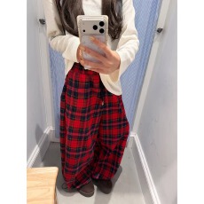 批发美式复古红撞色格子抽绳男女休闲裤宽松百搭垂感拖地阔腿裤子潮