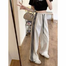 批发美式束脚抽绳运动裤女夏季薄款宽松三条杠小个子ins潮休闲直筒裤