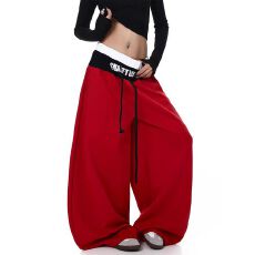 批发原版质量 新款松弛感百搭撞色卫裤女慵懒风宽松显瘦松紧腰<b class='q'>阔腿裤</b>