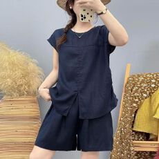 批发亚麻<b class='q'>休闲</b>风森系气质时尚套装纯色上衣短裤洋气athflow风两件套