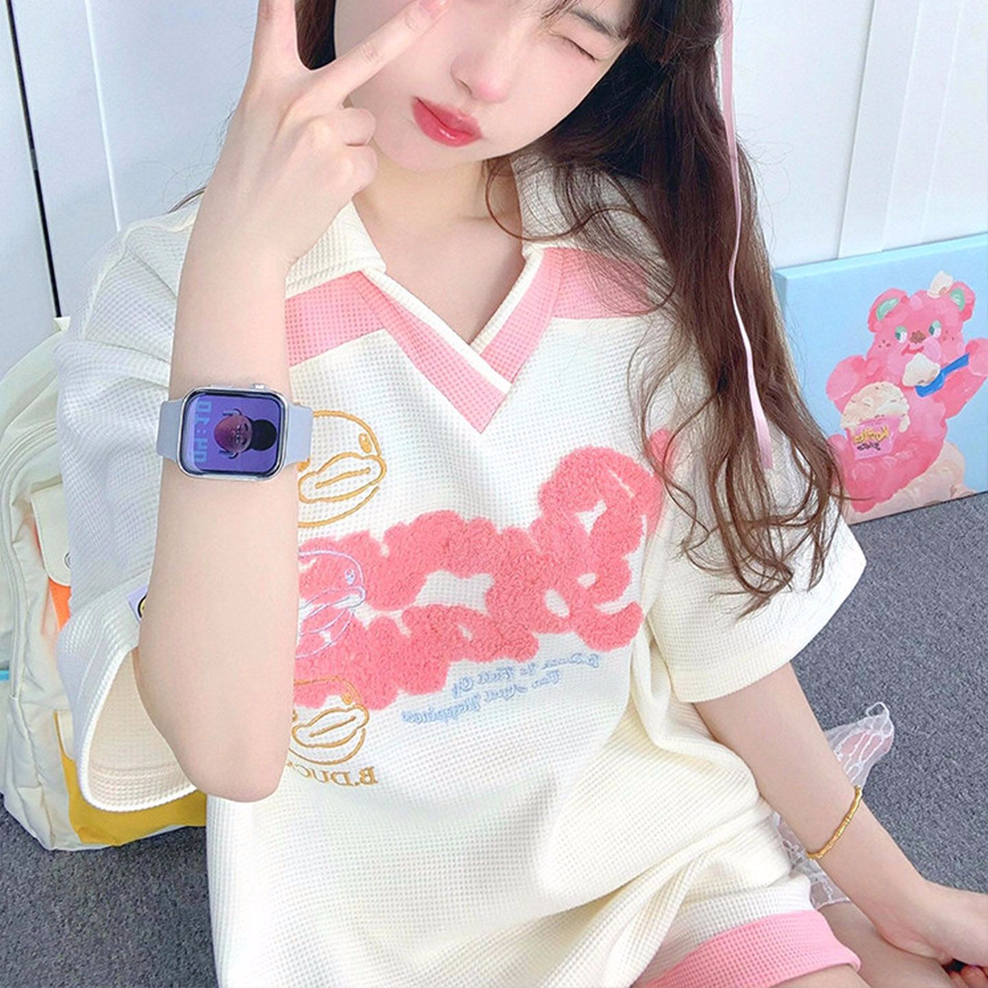 6535 Mianhua 남편 그리드 원본 수건 자수 원본 것 도파민 소녀 귀여운 서비스 세트 투피스 세트