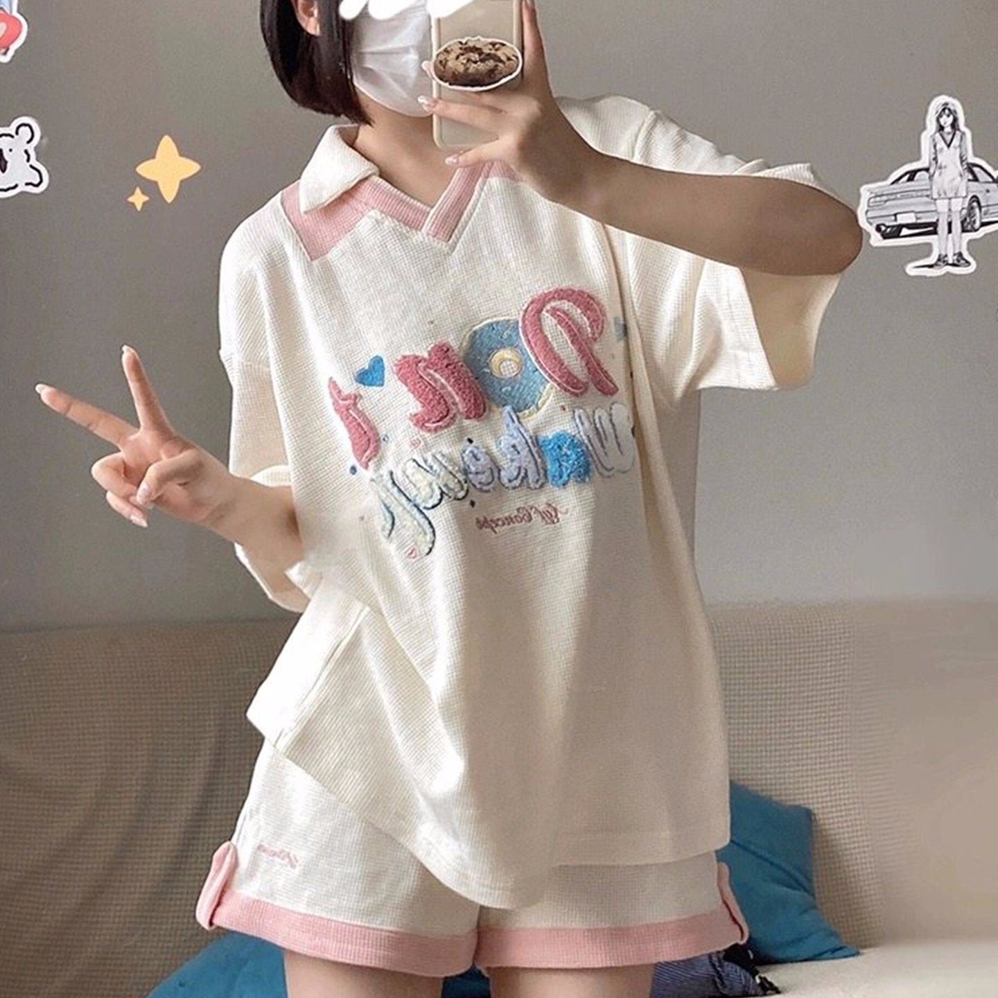 6535 Mianhua 남편 그리드 원본 수건 자수 원본 것 도파민 소녀 귀여운 서비스 세트 투피스 세트
