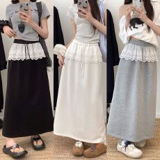 批发蕾丝拼接a字裙女早春夏薄款新款韩系慵懒休闲<b class='q'>百搭</b>半身裙松紧腰