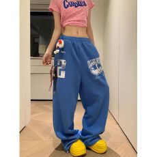 批发美式复古数字印花阔腿卫裤<b class='q'>男</b>女宽松休闲慵懒垂感拖地直筒<b class='q'>长裤</b>
