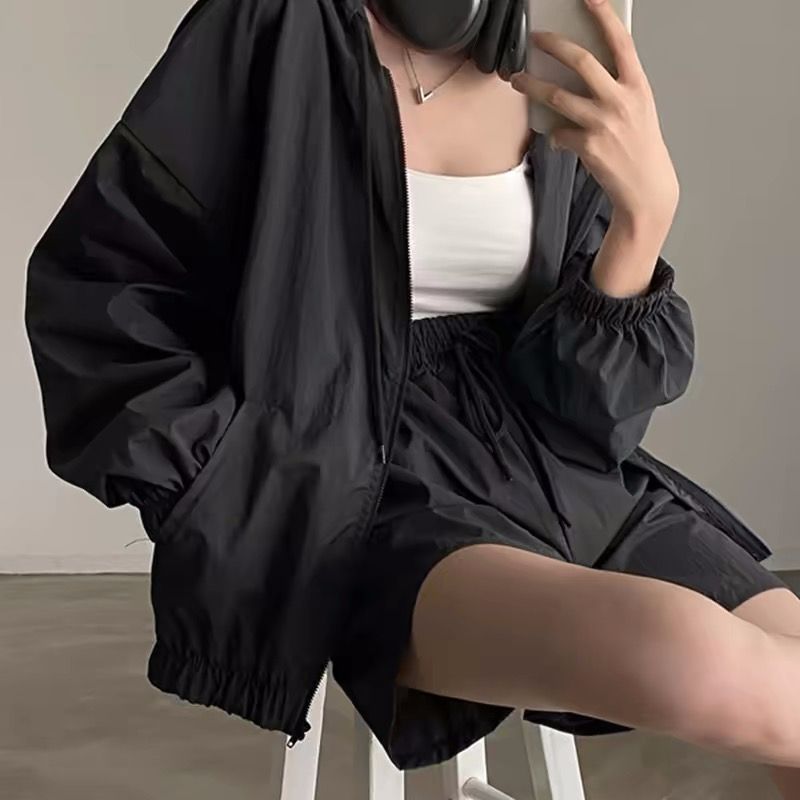 한국 chic 여름 미니멀리즘 품격 펌프 로프 후드 지퍼 자외선 차단 재킷 레이스업 하이웨이스트 운동 반바지 여성