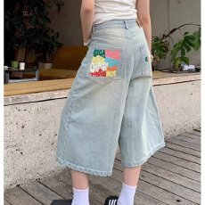 批发美式复古彩色字母印花<b class='q'>七分</b>牛仔短裤女新款高街辣妹宽松显瘦阔腿裤