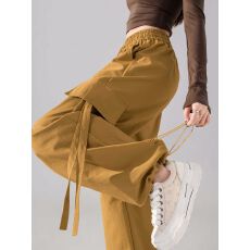 批发黄色美式工装裤女春季2026新款小个子高腰宽松阔腿伞兵束脚运动裤