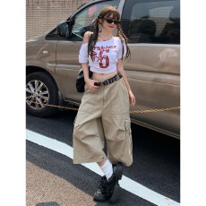 批发<b class='q'>情侣</b><b class='q'>美式</b>个性复古水洗做旧多口袋工装七分裤女夏季宽松直筒休闲裤