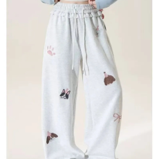 抽绳松紧腰公主风休闲阔腿裤女时髦洋气直筒裤新款卡通刺绣运动裤
