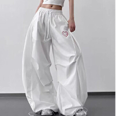 批发美式复古工装裤男女爱心字母休闲阔腿长裤宽松嘻哈街舞伞兵弯刀裤