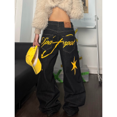 批发美式复古字母星星印花牛仔裤男女宽松休闲百搭直筒阔腿长裤拖地裤