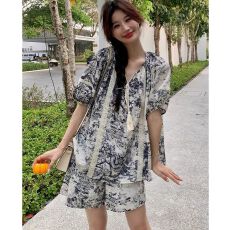 批发国风套装<b class='q'>女</b><b class='q'>短裤</b>2026夏季新款水墨画旅游度假宽松短袖上衣两件套