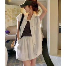 批发韩国工装风无袖背心开衫上衣女口袋翻领宽松显瘦百搭阔腿<b class='q'>短裤</b>套装