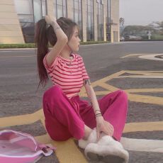 批发冰丝螺纹+直贡尼裤  夏新款休闲套装女条纹高腰t恤+阔腿裤两件套