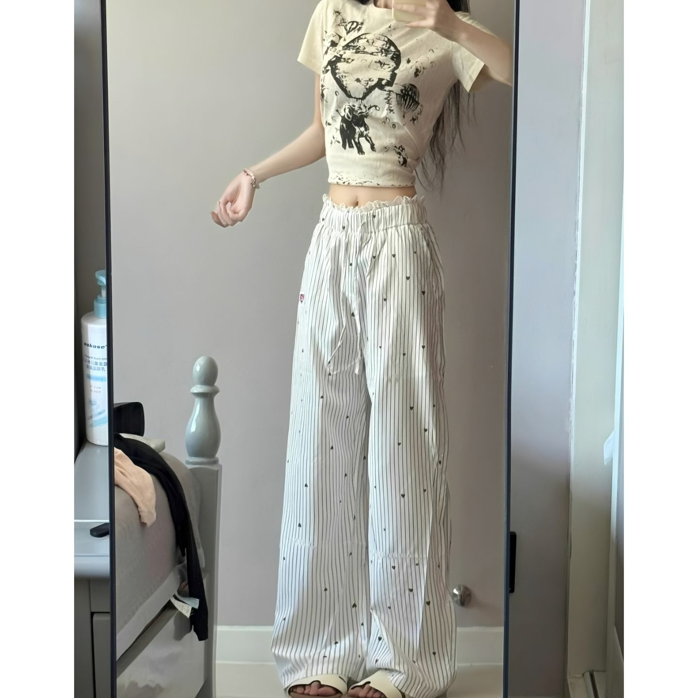 원본 원단 레이스 조각 스트라이프 와이드 레그 팬츠 여름 루즈핏 느긋한 바람 롱 바지 트렌디 ins