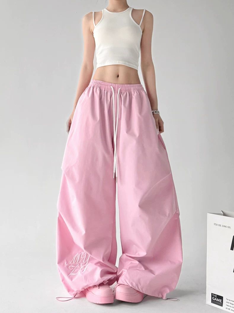 핑크색 춤추기 다용도 와이드 레깅스 바지 2026 봄 드레스 새로운 재즈 슬림해 보이는 주름 넓은 다리 캐주얼 낙하산 병 바지