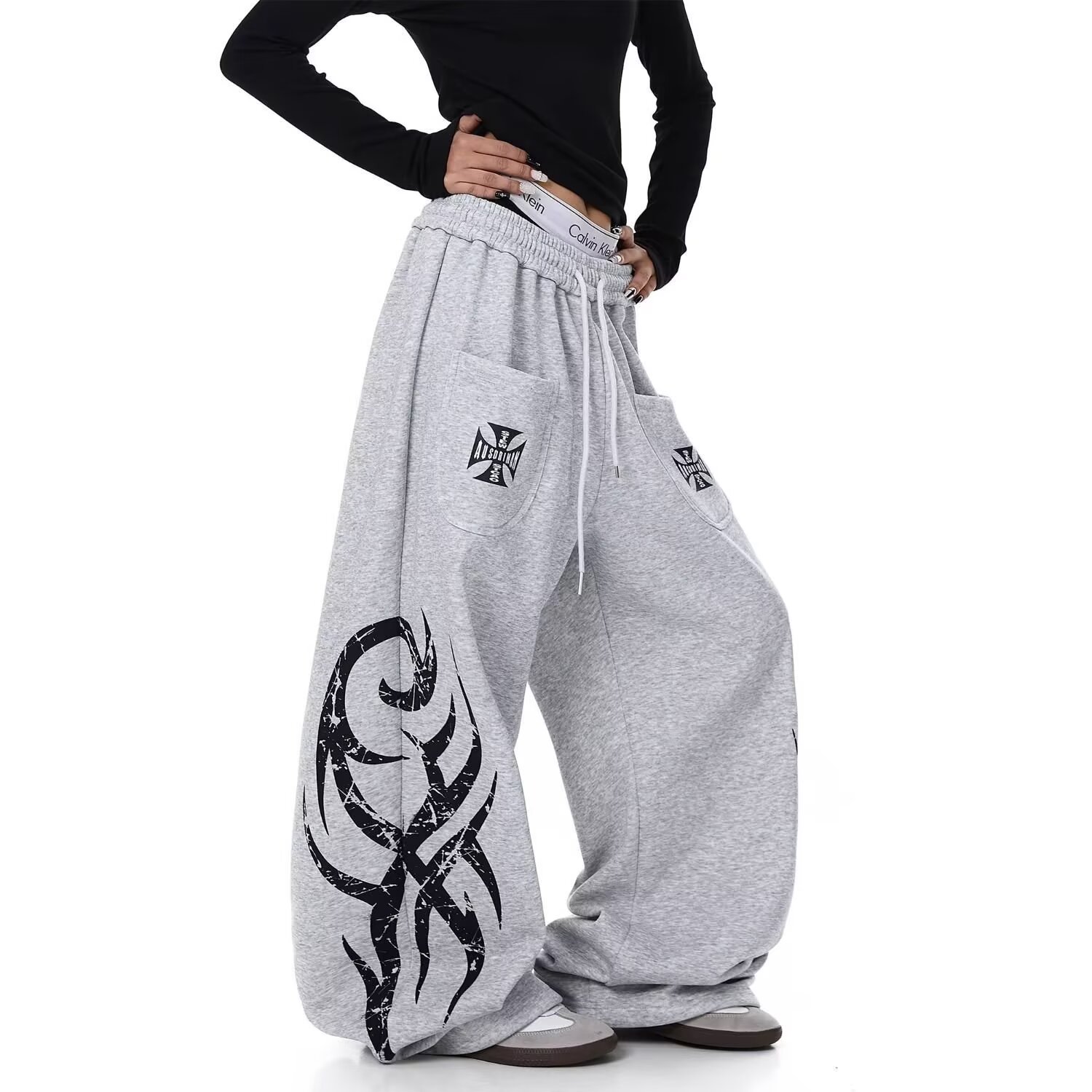 재즈 웃음 하 운동 캐주얼 바지 아메리칸 웨이 바지 루즈핏 스트레이트 도루 가을 센스 바닥 청소 바지 회색 운동 와이드 레그 팬츠