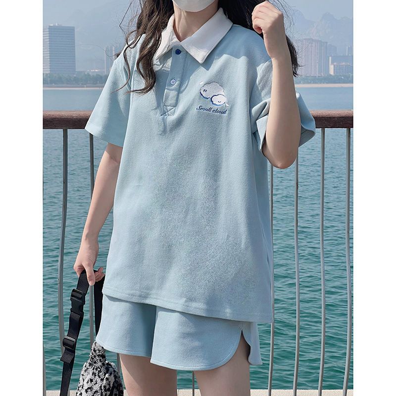 원본 높은 품질 솜씨 구름 자수 학원 스타일 POLO 셔츠 반바지 여성 폴로 칼라 반팔 티셔츠 투피스 세트 여름