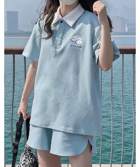 원본 높은 품질 솜씨 구름 자수 학원 스타일 POLO 셔츠 반바지 여성 폴로 칼라 반팔 티셔츠 투피스 세트 여름