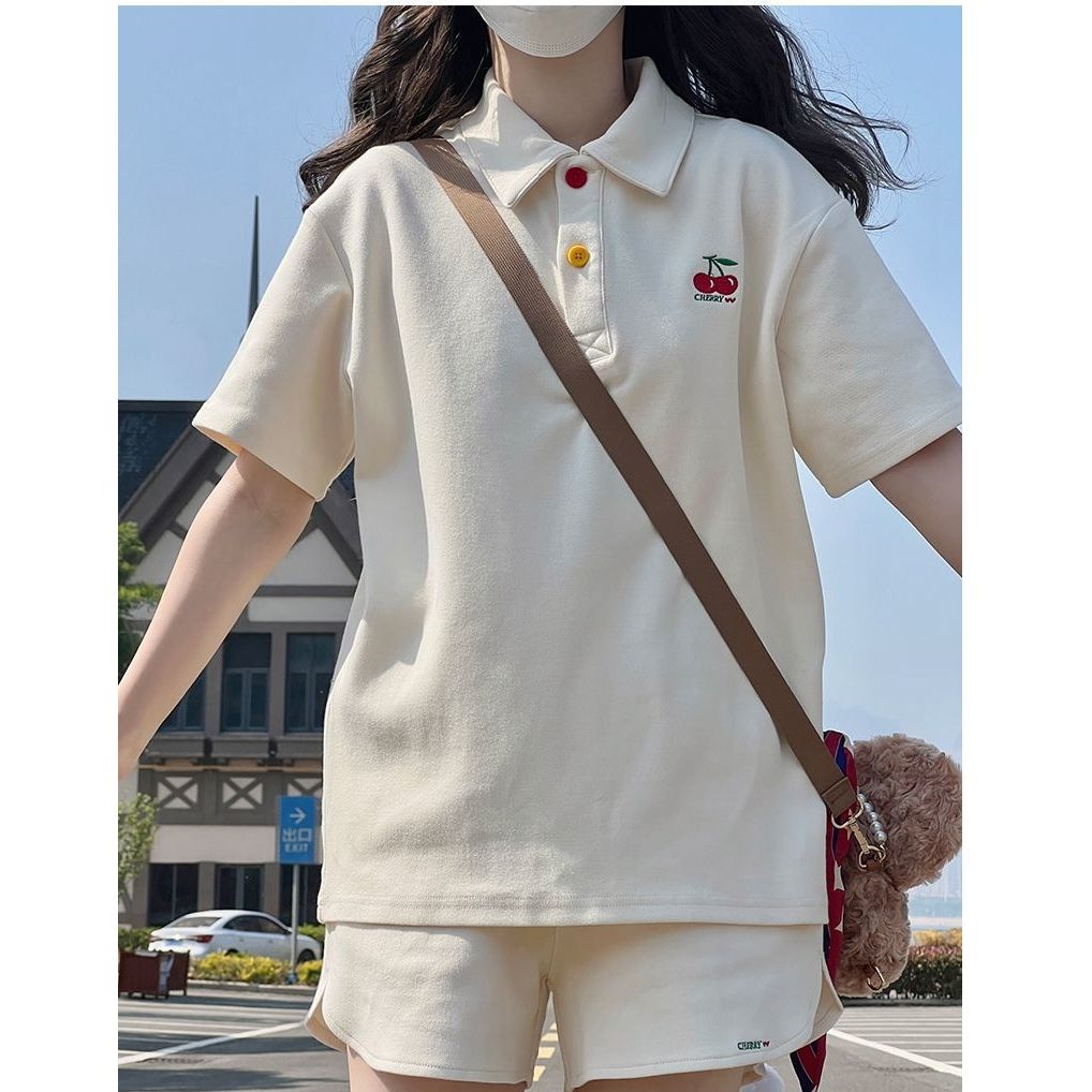 원본 높은 품질 솜씨 학원 스타일 루즈핏 POLO 셔츠 폴로 칼라 반팔 티셔츠 넓은 다리가 짧다. 바지 여성 투피스 세트 여름