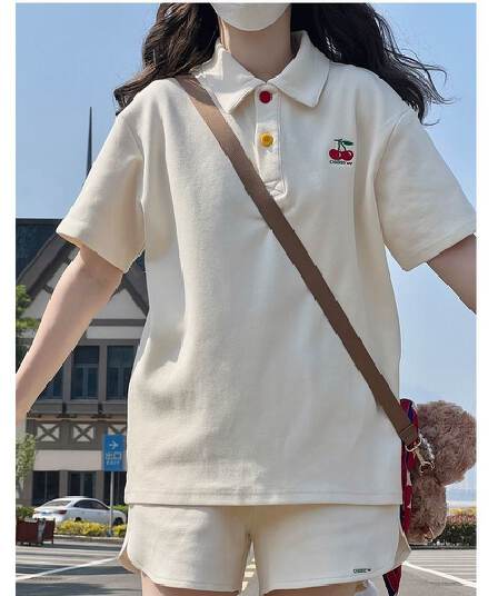 원본 높은 품질 솜씨 학원 스타일 루즈핏 POLO 셔츠 폴로 칼라 반팔 티셔츠 넓은 다리가 짧다. 바지 여성 투피스 세트 여름