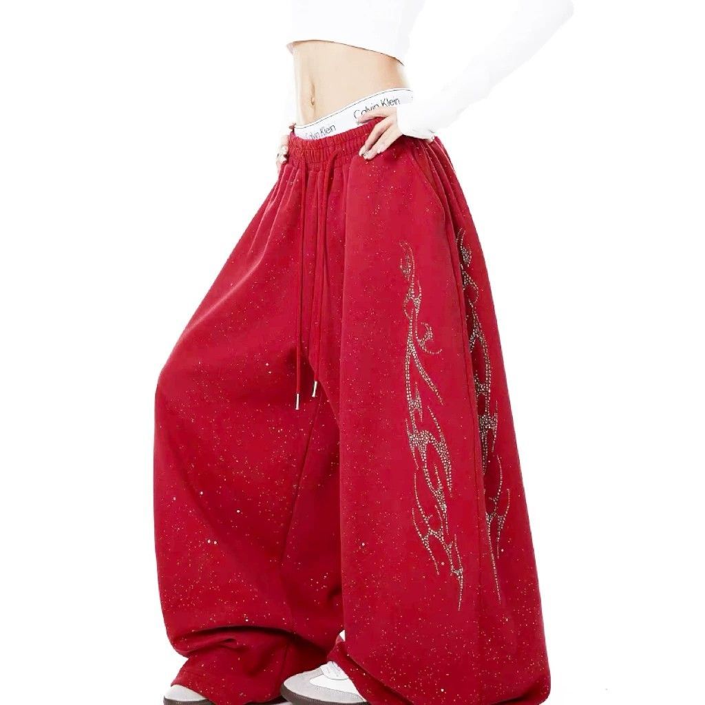 아메리칸 무거운 작업 불꽃 핫픽스 Gypsophila 폭발 플래시 춤추기 웨이 바지 남녀 재즈 스트리트 댄스 루즈핏 캐주얼 와이드 레그 팬츠